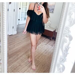 HTF Torrid off shoulder mesh dotted pin-up peplum flutter swimsuit 1